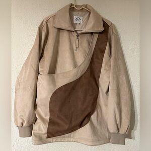 Riikyu Kangaroo Pouch Unisex Scuba Faux Suede Pullover Beige/Brown Quarter Zip S